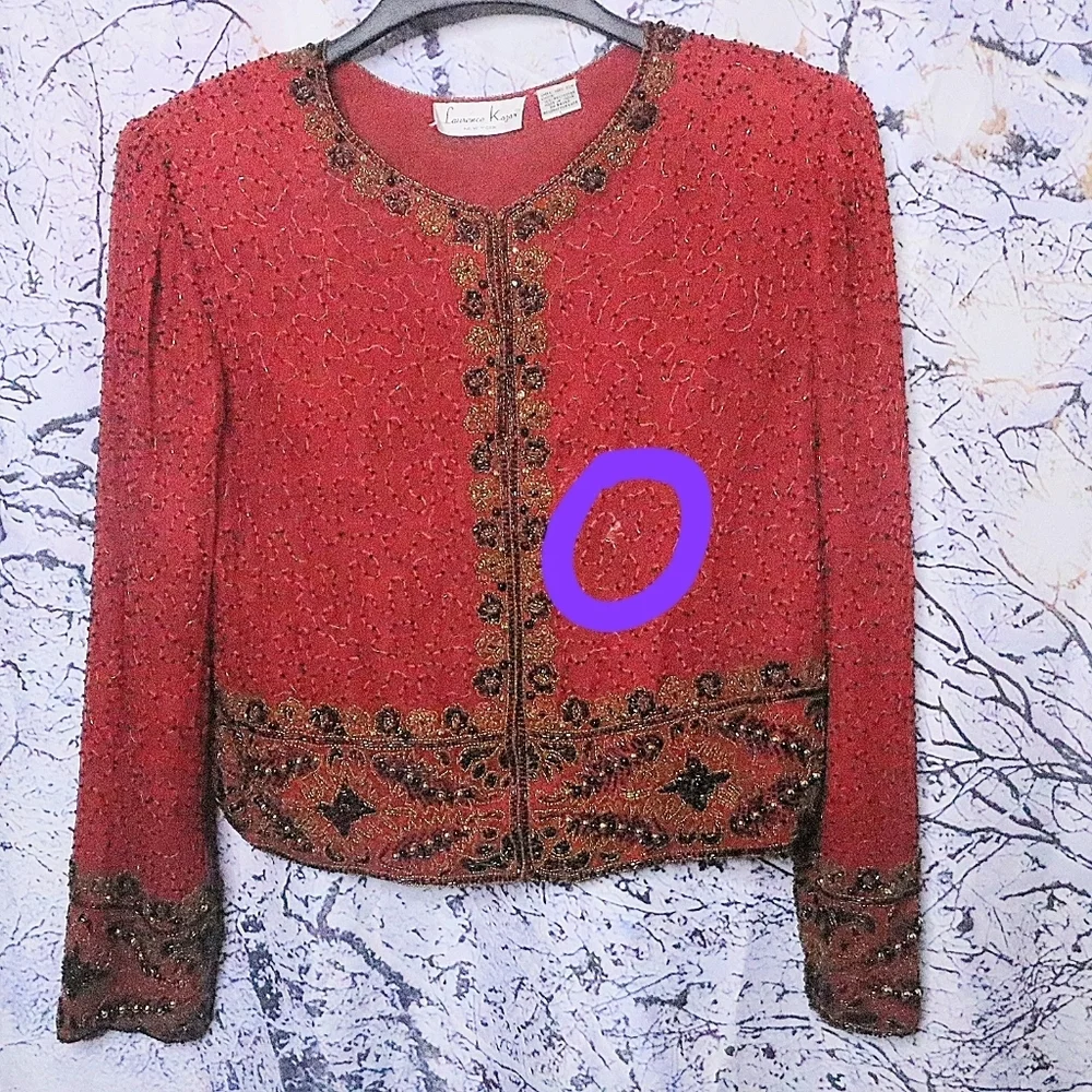 RED BEADED JACKET L Lawrence Kazar Vintage 80s 90s Formal 100% Silk Fall Winter - Picture 8 of 9